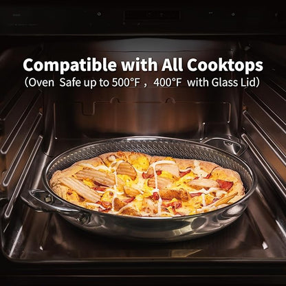 Hybrid Nonstick Skillet with Lid 13 Inch, Stainless Steel Paella Pan with Two Handles Multi-Functional Pan Dishwasher and Oven Safe