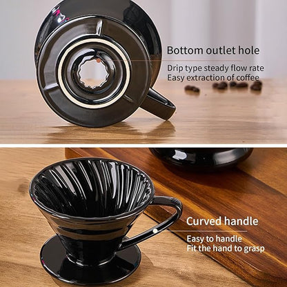 Pour Over Coffee Maker, Single Cup Coffee Dripper, Manual Porcelain Slow Brewing Accessories for Travel, Camping, Office, Home, Cafe, Coffee Gifts (Black, Large)