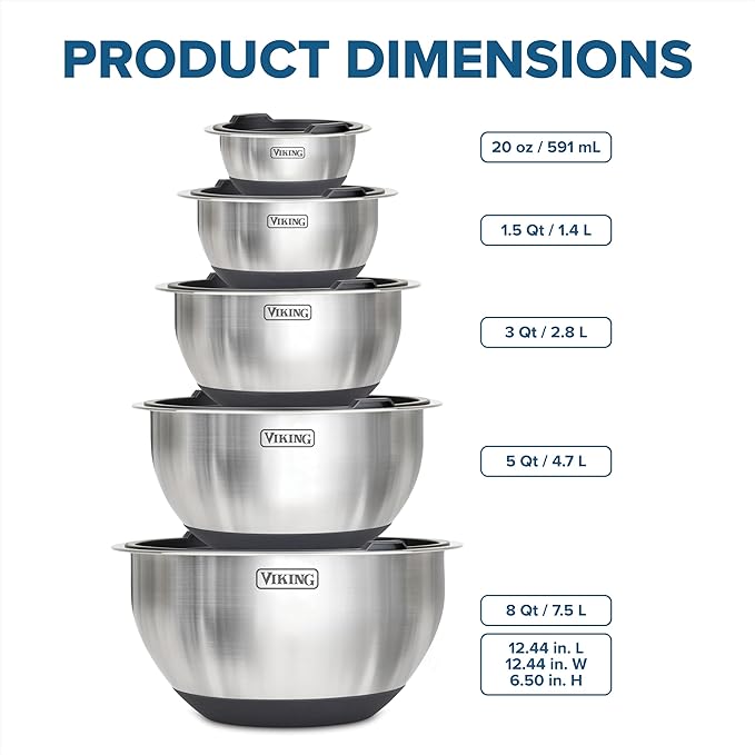 VIKING Mixing Bowls Set, 10 Piece Stainless Steel Kitchen Cookware, Non-Slip Silicone Base, Includes Tight Fit Lids, Dishwasher Safe, Black