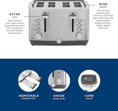 GE Stainless Steel 4 Slice Toaster | Extra Wide Slots for Bagels, Breads, Waffles & More | 7 Shade Options | Countertop Kitchen Essentials | 1500 watt