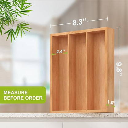 Bamboo Utensil Drawer Organizer, Silverware Tray Organizer, Kitchen Drawer Organizer for Flatware Cutlery, (Natural, 3 Slots)