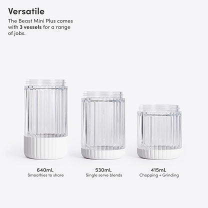 The Beast Mini Blender Plus | Mini Countertop Kitchen Blender | Blend Smoothies and Shakes, Dressings, Sauces, Dips | Extra Vessels, Straw Cap and Straws Included | 600W (Cloud White)