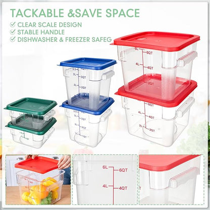 Lallisa 6 Pcs Food Storage Set, Square Polycarbonate Restaurant Food Storage Containers with Lids commercial Clear Cereal Containers for Kitchen, 3 Colors(2 Quart 4 Quart and 6 Quart)