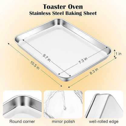 E-far Toaster Oven Tray, 10.5”x8.3” Stainless Steel Small Baking Cookie Sheet, Compact Non-toxic Metal Baking Pan for Cake, Healthy & Rust Free, Mirror Finish & Dishwasher Safe, 1 Pack
