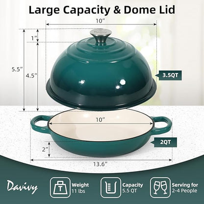 Davivy 5.5QT Enameled Cast Iron Dutch Oven with Lid, Dutch Oven for Sourdough Bread, 10" Round Sourdough Bread Oven, Bread Cloche for Bread Baking, with Silicone Baking Mat - Gradient Teal