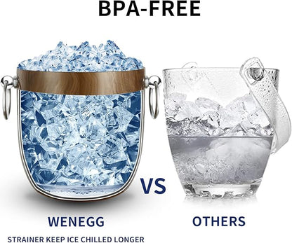 Ice Bucket with Lid, Scoop, Tongs and Strainer - Well Made Insulated Stainless Steel Keep Ice Frozen Longer - Ideal for Cocktail Bar, Parties, Chilling Wine, Champagne - 3 Liter (Teakwood)