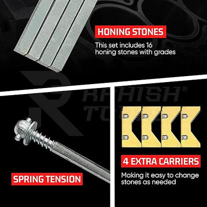 Engine Cylinder Hone Kit 2.5" to 5.5" with 4 Extra Carriers Adjustable Handheld Honing Machine Tool Kit with 16 Stones Sizes 4" x1/2" x1/2" - Works for Mid-Size to Larger Car Engines