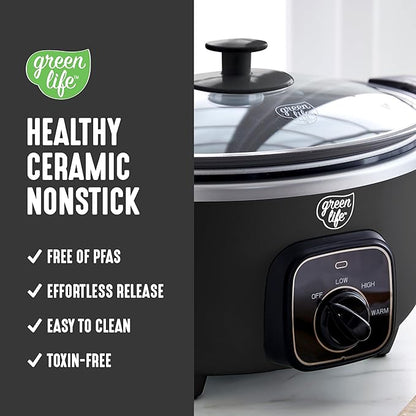 GreenLife 3.5QT Slow Cooker, Non-Toxic PFAS-Free Ceramic Nonstick Removable Interior Bowl, Programmable, Keep Warm, Stovetop & Oven Safe, Dishwasher Safe Parts, Glass Lid, Black