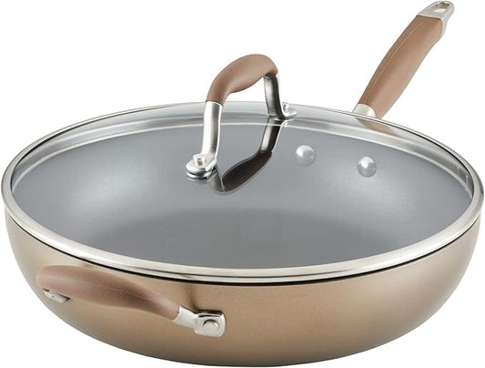 Anolon Advanced Hard Anodized Nonstick Deep Frying Pan/Skillet with Lid, 12 Inch, Aluminum, Bronze