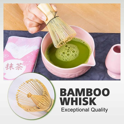 Matcha Whisk Bowl Set, 7PCS All-in-One Japanese Tea Set Includes Matcha Bowl with Spout, Bamboo Whisk (Chasen) with Stand, Scoop, Sifter, Complete Kit for Ceremony, Gift for Matcha Tea Lovers（Pink)