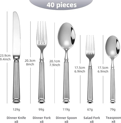 40-Piece Heavy Duty Silverware Set for 8, 18/10 Stainless Steel Forged Flatware Set, Extra Thick Heavy Weight, Ideal for Gift