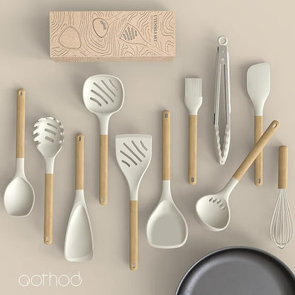 Silicone Cooking Utensils Set, 446°F Heat Resistant Silicone Kitchen Utensils for Nonstick Cookware, Kitchen Gadgets Spatula Set, Spoon, Turner, Tongs, Ladle, Whisk, BPA FREE (Cream White)
