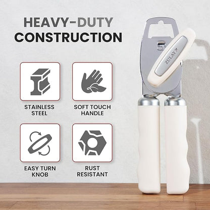 Zulay Kitchen Heavy Duty Stainless Steel Can Opener Manual with Bottle Opener - Rust Proof Manual Can Opener With Turn Knob & Comfy Soft Grip Handles - Cream