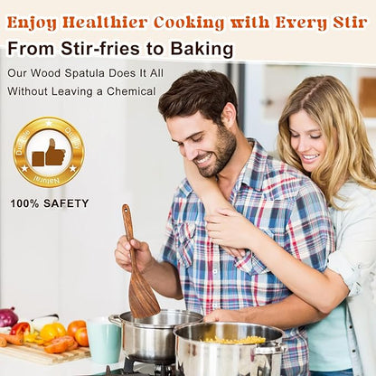 Wooden Spatula for Cooking, Acacia Wood Flat Frying Spatulas, Long Handle Spatula Turner for Non Stick Pans, Non-Scratch, Wooden Kitchen Utensils for Cooking, Frying, Baking
