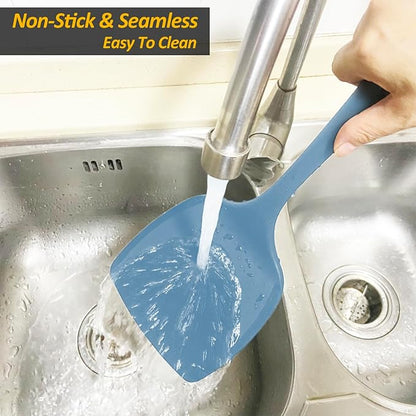 Silicone Pancake Spatula Turner with Lengthened Handle& Seamless Design, Heat Resistant Cooking Spatulas for Nonstick Cookware, Large Flexible Kitchen Utensils, Flipper for Egg, Pancake, Starry Blue