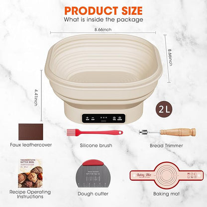 Heating Banneton Bread Proofing Basket Kit, Sourdough Starter Kit, 6 Adjustable Temp (77℉-122℉) Banneton Baking Supplies with Recipe, Smart Thermostatic Silicone Batter Bowl with Timer and LED Display