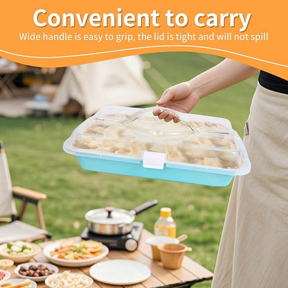 9x13 Baking Pan with Lid and Handle, Nonstick Cake Carrier with Locking Cover, Deep Oblong Bakeware for Brownies, Casseroles, and Travel, Blue and Beige