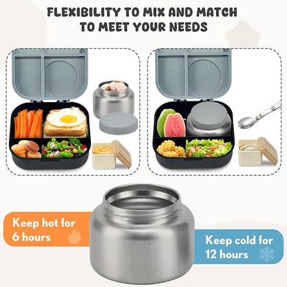 Bento Lunch Box for Kids with 12oz Soup Thermo,4 Compartments Lunch Box Containers Kids, Spoon&Sauce Jar, BPA Free&Leak proof,Insulated Food Jar for Travel(Black)