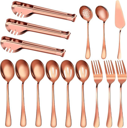 Serving Utensils, 15 Pcs Stainless Steel Large Flatware Serving Tools Kit, Included Spoons, Forks, Tongs, Slotted Spoon, Ladle, Cake Server for Catering Banquet Wedding Buffet Party, Rose Gold