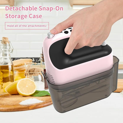 9-Speed Digital Hand Mixer Electric, 400W Powerful DC Motor, Baking Mixer Handheld with Snap-On Storage Case, 5 Stainless Steel Accessories, Flat Beaters, Dough Hooks, Whisk (Pink&Black)