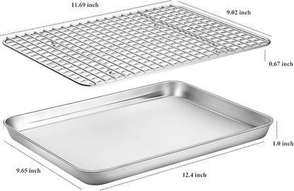 Baking Sheet with Cooling Rack Set [2 Sheets + 2 Racks], Deedro Stainless Steel Cookie Half Sheets Baking Pan Oven Tray with Rack, 12 x 10 x 1 Inch, Heavy Duty, Non-toxic, Dishwasher Safe