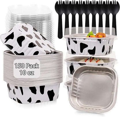 FORBFAN 150 Pcs Mini Square Baking Cups with Lids, 10 oz Mini Aluminum Cake Pans with Spoons, Small Baking Tins Cow Print