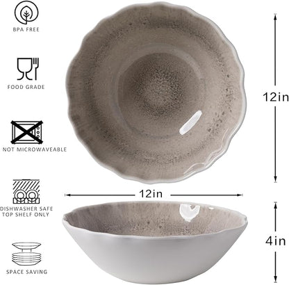Melamine Serving Bowls Set of 2, 12''x4'' Large Salad Bowls, Fruit Bowls, Mixing Bowls, Serving Bowls for Kitchen, Ideal for Prepping and Serving Food, Gray
