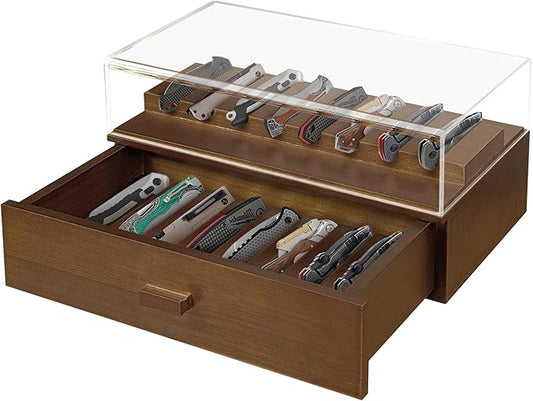 Knife Display Case,2 Tier Wooden Pocket Knife Collection Case with Acrylic Lid, Pocket Knife Storage Drawer Organizer, Walnut