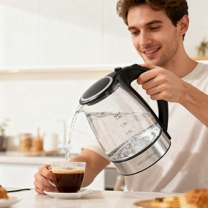 MegaWise Electric Kettle, 1.8L Borosilicate Glass Tea Kettle with LED Light, Auto Shut-Off and Boil-Dry Protection Cordless Kettle Fast Boiling