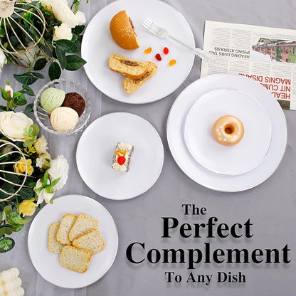KIRE 100PCS Silver Plastic Plates - Heavy Duty White Disposable Plates with Silver Rim for Party/Wedding - Include 50Pcs 10.25inch Dinner Plates and 50Pcs 7.5inch Dessert Plates for Christmas