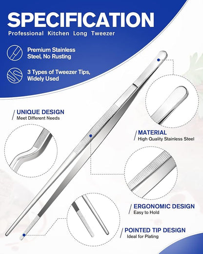 Fine Cooking Tweezers Set, Professional Stainless Steel Food Tongs, Kitchen Black Long Chef Tweezer for Cooking, Plating, Decorating and BBQ (SILVER, 10 inch)