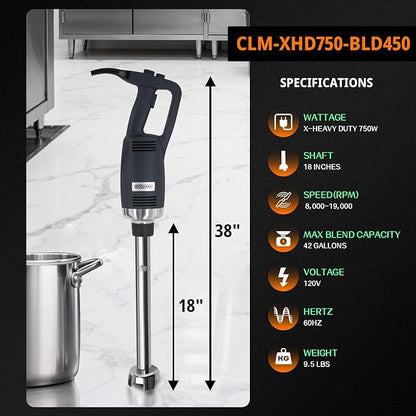 Commercial Immersion Blender, X-Heavy Huty 750W Handheld Blender, 18 Inch Detachable Shaft, 8,000-19,000 RPM Variable Speed, 42 Gallons Multifunction Pro Electric Stick Emulsifier.
