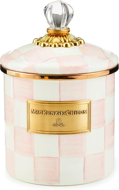 MACKENZIE-CHILDS Small Enamel Canister, Kitchen Storage Container for Flour and Sugar, 38 Ounces, Pink-and-White Rosy Check