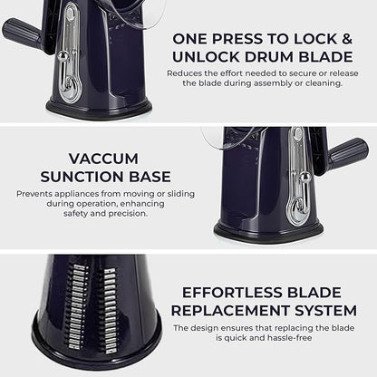 Chef Power Premium Quality 5 in 1 Cheese Grater Hand Crank - Stainless Steel Rotary Cheese Grater for Effortless Grating - Durable and Ergonomic Design for Professional and Home Use (Violet)