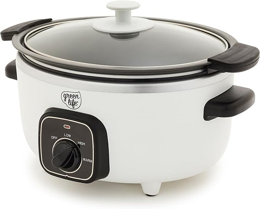 GreenLife 3.5QT Slow Cooker, Non-Toxic PFAS-Free Ceramic Nonstick Removable Interior Bowl, Programmable, Keep Warm, Stovetop & Oven Safe, Dishwasher Safe Parts, Glass Lid, White