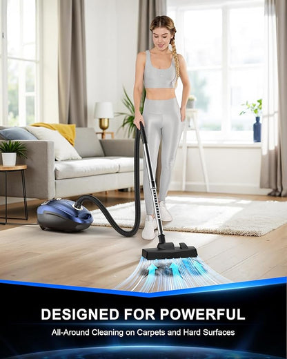 Bagged Canister Vacuum Cleaner,1400W Powerful High-Suction Bagged Canister Vac with 3.7QT Dust Bags,Pop-N-Go Brush,HEPA Filter,Dual Motors&4 Cleaning Tools,Perfect for Low-Pile Carpets&Hard Floors