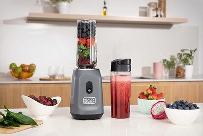 BLACK+DECKER® Ice Crush Single Serve Blender with Pulse/ON Button, Base, Two 20oz Personal Blender Jars, Blade Assembly, Travel Lid, Gray