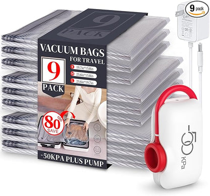 VMstr 9 Pack Vacuum Storage Bags for Travel, Carry-on Size Space Saver Bags for Luggage Clothes and Clothing Compression Packing, High Pressure Electric Pump(DC Power)