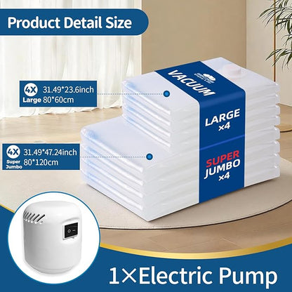Vacuum Storage Bags with Electric Pump,8 Pack Extra Large Space Saving Vacuum Seal Bags for Bedding,Blanket,Comforters,Duvets,Pillows(4 Large+4 Super Jumbo)