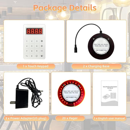 Restaurant Pager System 20 Coaster Pagers and Beepers, Restaurant Beepers Buzzers System with Vibration Flashing Buzzer Queue Wireless Calling System for Food Truck Church Nursery Coffee Shop Bar