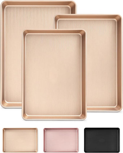 Saker nonstick baking sheet pan set,Multi-Use Non-Stick Baking Pan Set, Stackable Carbon Steel Cookie Sheets for Even Baking, Roasting & Meal Prep, Oven Safe & Easy Clean (Champagne Gold)