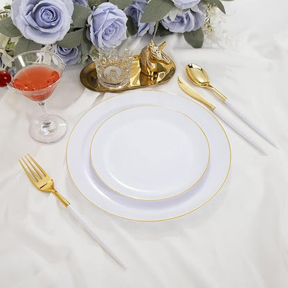 I00000 144Pcs Gold Plastic Silverware, Gold Plastic Utensils Set,Disposable Utensils Heavy Duty,Disposable Silverware Set Includes 48 Forks,48 Knives,48 Spoons for Party & Wedding