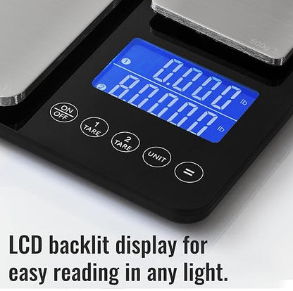 KitchenTour Dual Platform Digital Kitchen Scale with Total Weight Function - 500g/0.1g & 15kg/1g - Accurate for Cooking and Baking Black