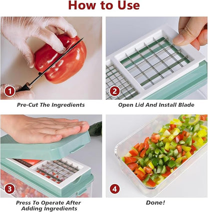 Vegetable Chopper, Onion Dicer, Mandoline Slicer, Food Chopper with Container, Vegetable Cutter for Salad Potato Carrot Garlic（2 Blades, Blue White）