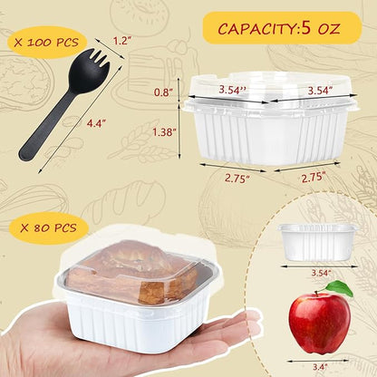 5oz/80pack Mini Cake Pans with Lids,LNYZQUS Foil Cupcake Cups Small Brownie Baking Tins,Square Disposable Ramekins Mini Cheesecake Containers Muffin Holders-White