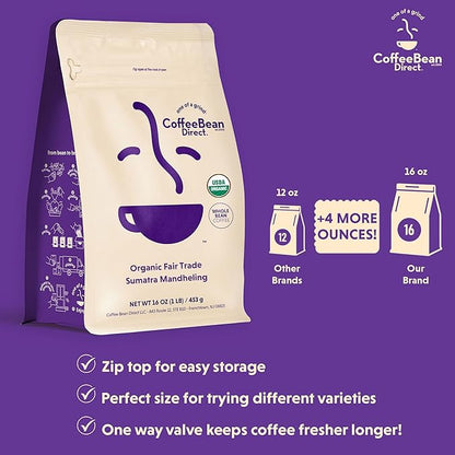 Coffee Bean Direct Organic Fair Trade Sumatra Mandheling, Whole Bean Coffee, Light Roast, 1 Pound Bag (Pack of 1)