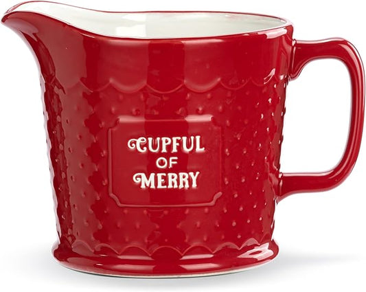 DEMDACO Baking Holiday Memories Rosy Red, White 32 Ounce, 6 x 5 Inch Ceramic Stoneware Festive Christmas Kitchen Countertop Accessory Décor, Polka Dots, Pouring Measuring Cup, Cupful of Merry