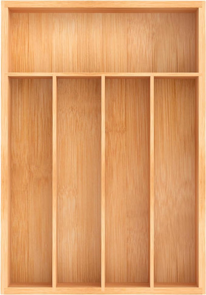 Bamboo Utensil Drawer Organizer, Kitchen Organizer for Flatware Cutlery, Silverware Tray for Drawer (5 Slots, Natural)