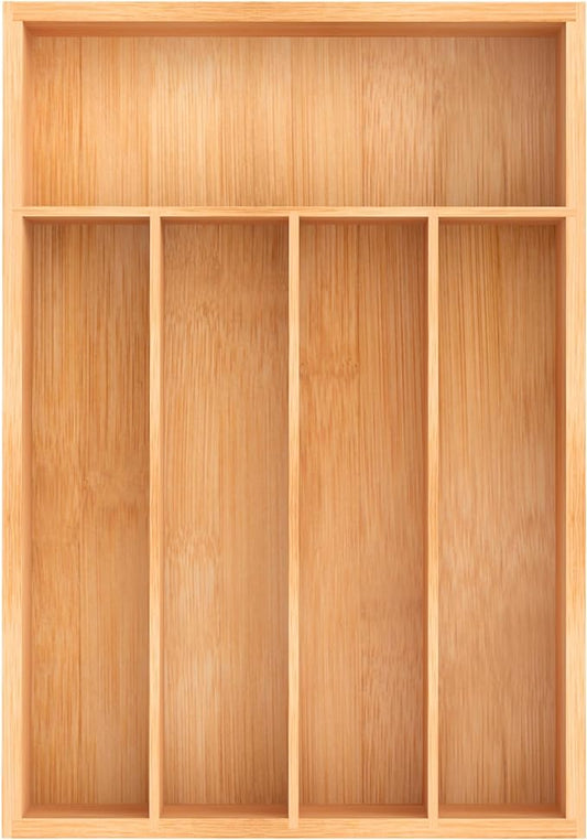 Bamboo Utensil Drawer Organizer, Kitchen Organizer for Flatware Cutlery, Silverware Tray for Drawer (5 Slots, Natural)