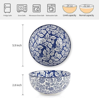 Selamica Ceramic Cereal Bowls Set of 6, 24 Oz Deep Soup Bowls for Kitchen, 5.9 Inch Porcelain Dessert Bowls for Salad, Pasta, Oatmeal, Ramen, Microwave Dishwasher Safe, Set of 6, Vintage Blue